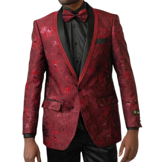 Men’s Red Floral Brocade Tuxedo Blazer for Prom 2025, featuring a rich red brocade fabric with a satin shawl lapel and intricate floral detailing for a luxurious look.