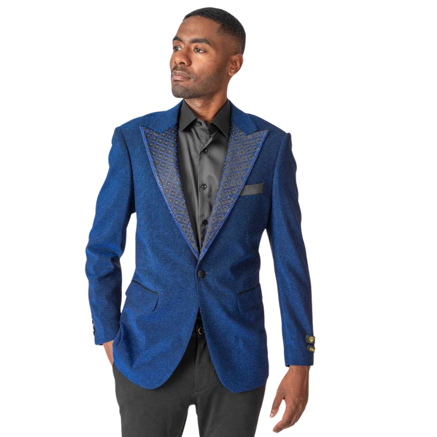 Men’s Royal Blue Tuxedo Blazer for Prom 2025, featuring a sleek royal blue fabric with an embellished peak lapel for a bold and elegant formalwear statement.