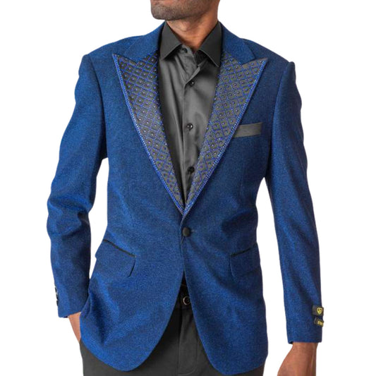 Men’s Royal Blue Tuxedo Blazer for Prom 2025, featuring a sleek royal blue fabric with an embellished peak lapel for a bold and elegant formalwear statement.