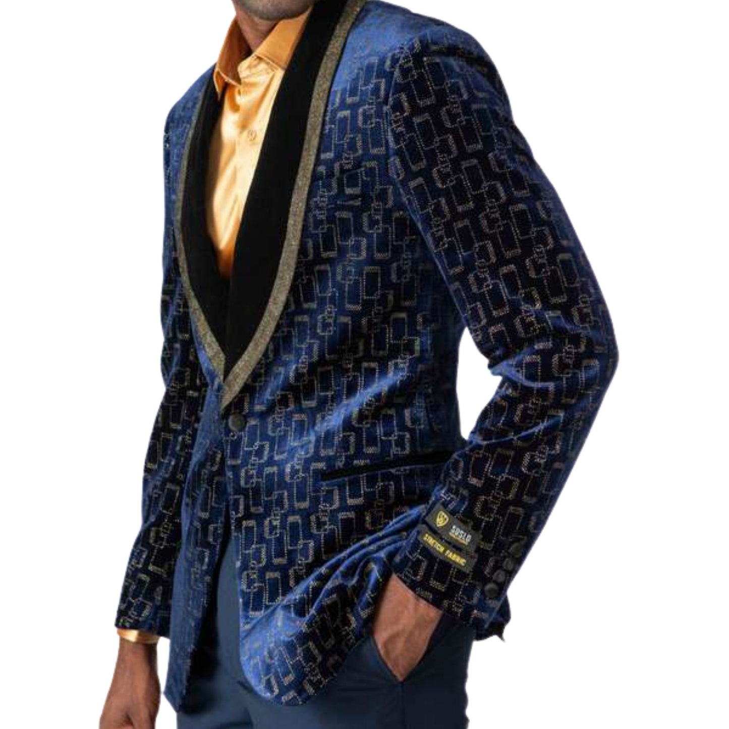 Men’s Royal Blue Velvet Tuxedo Blazer for Prom 2025, featuring a deep blue velvet fabric with a gold geometric pattern and a black satin shawl lapel with gold trim.