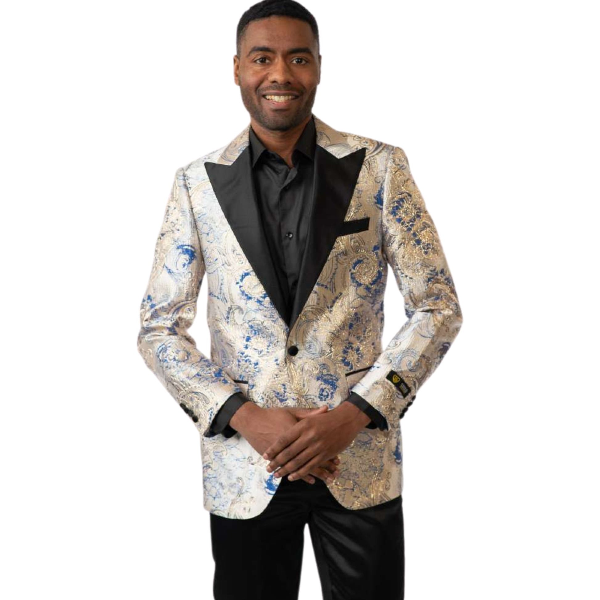 Men’s White & Blue Paisley Tuxedo Blazer for Prom 2025, featuring a luxurious white brocade fabric with gold and blue paisley detailing and a black satin peak lapel.