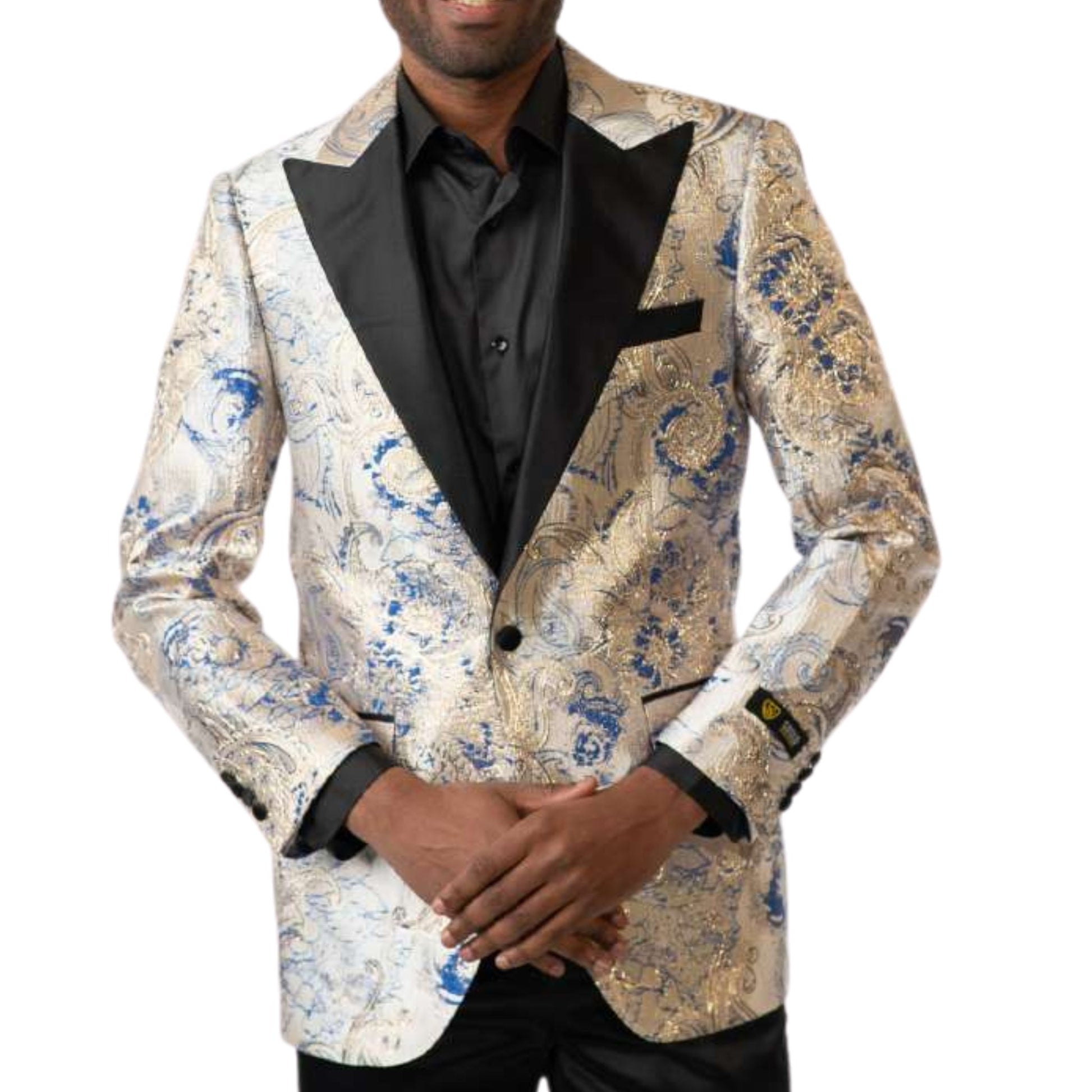 Men’s White & Blue Paisley Tuxedo Blazer for Prom 2025, featuring a luxurious white brocade fabric with gold and blue paisley detailing and a black satin peak lapel.