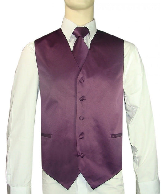 KCT Menswear Plum Vest and Tie Set, formal vest and tie set, groom and groomsmen vest and tie set, solid color vest and tie set, formal wear vest and tie set, special occasion vest and tie set.