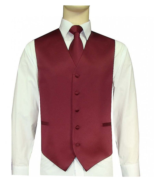 KCT Menswear Wine Burgundy Vest and Tie Set, formal vest and tie set, groom and groomsmen vest and tie set, solid color vest and tie set, formal wear vest and tie set, special occasion vest and tie set.