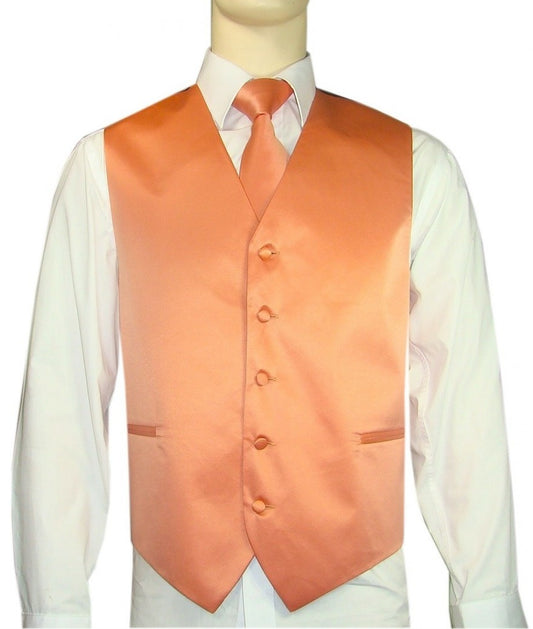 KCT Menswear Salmon Orange Vest and Tie Set, formal vest and tie set, groom and groomsmen vest and tie set, solid color vest and tie set, formal wear vest and tie set, special occasion vest and tie set.