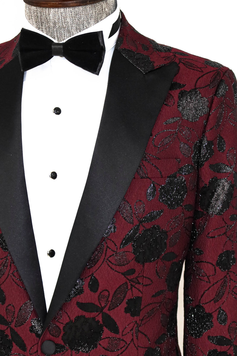 Men's Burgundy Blazer with Black Floral Design - Front View