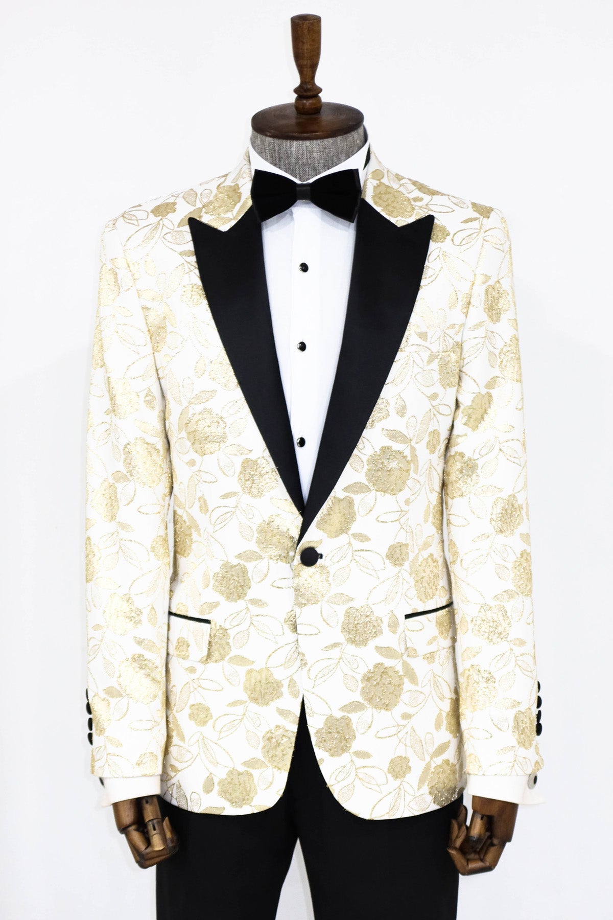 Men's White Blazer with Black Lapel and Golden Floral Design - Front View