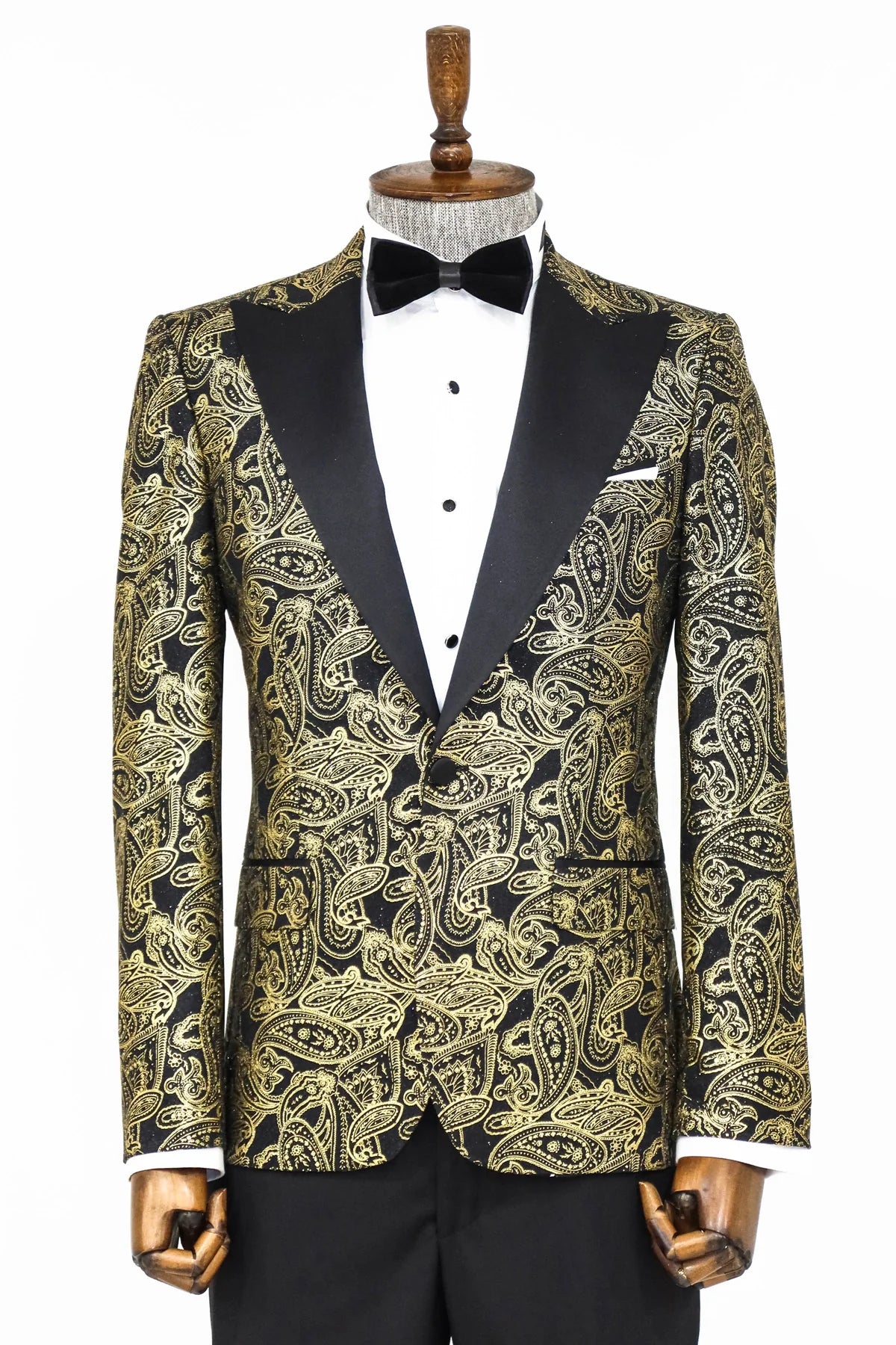 Golden Paisley Black Prom Blazer with Peak Lapel, perfect for proms and other formal events, available exclusively at KCT Menswear.