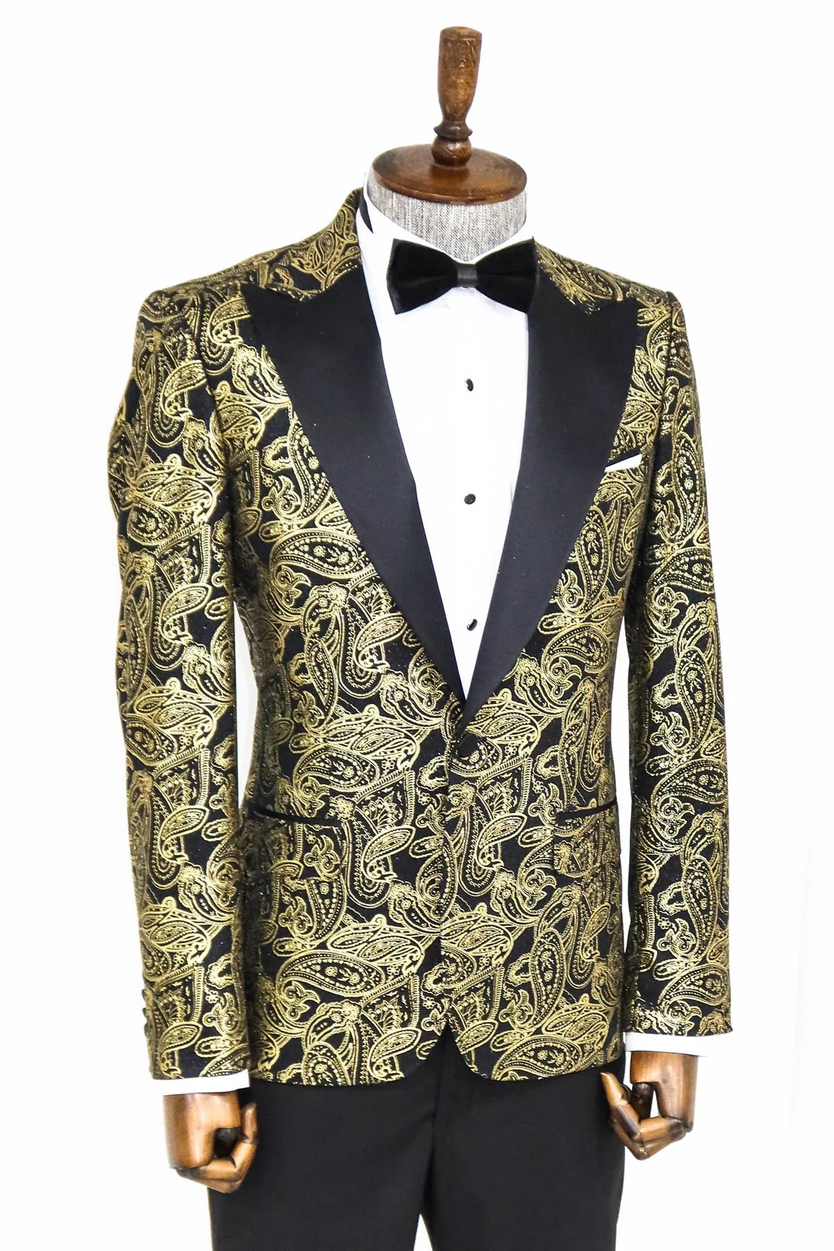 Golden Paisley Black Prom Blazer with Peak Lapel, perfect for proms and other formal events, available exclusively at KCT Menswear.