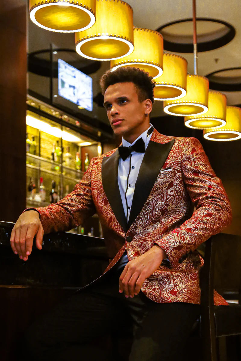 Golden Paisley Burgundy Prom Blazer with Peak Lapel