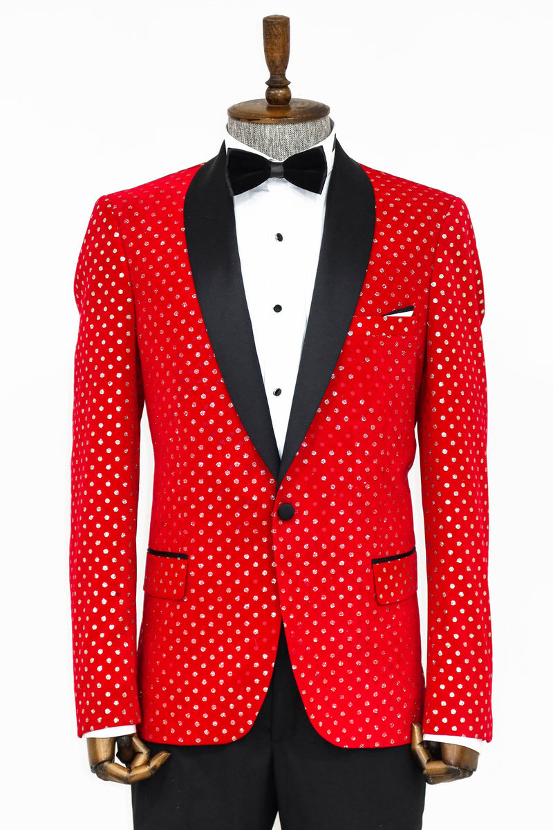 Red Jacket with Black Satin Shawl Lapel and Beautifully Placed Diamond Pattern, exclusively available at KCT Menswear.