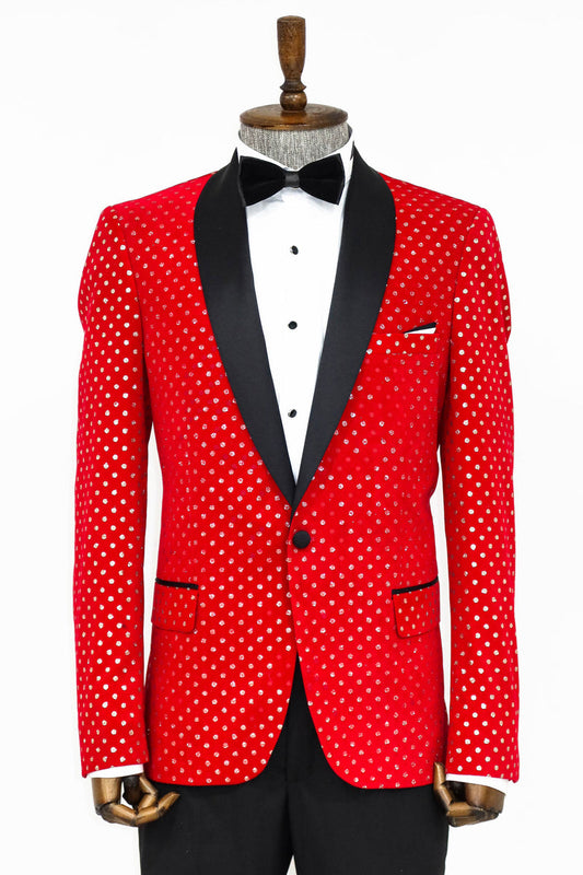 Red Jacket with Black Satin Shawl Lapel and Beautifully Placed Diamond Pattern, exclusively available at KCT Menswear.