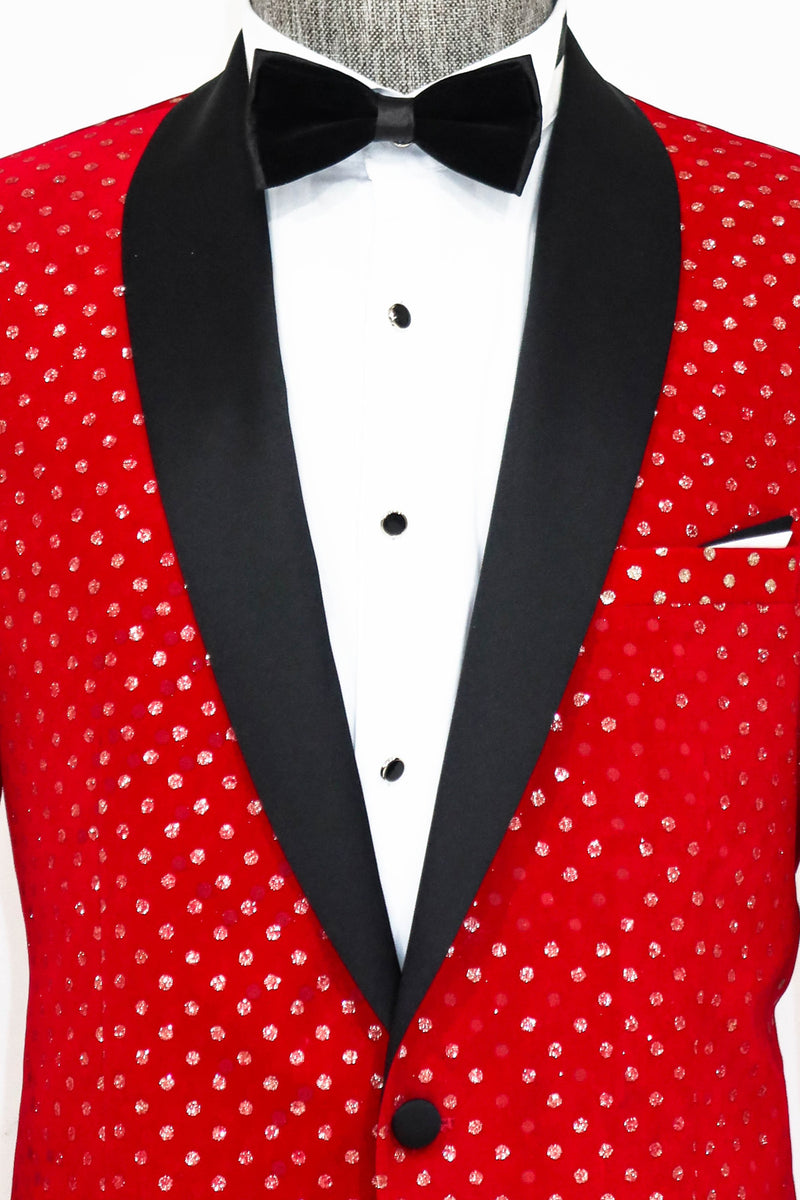 Red Jacket with Black Satin Shawl Lapel and Beautifully Placed Diamond Pattern, exclusively available at KCT Menswear.