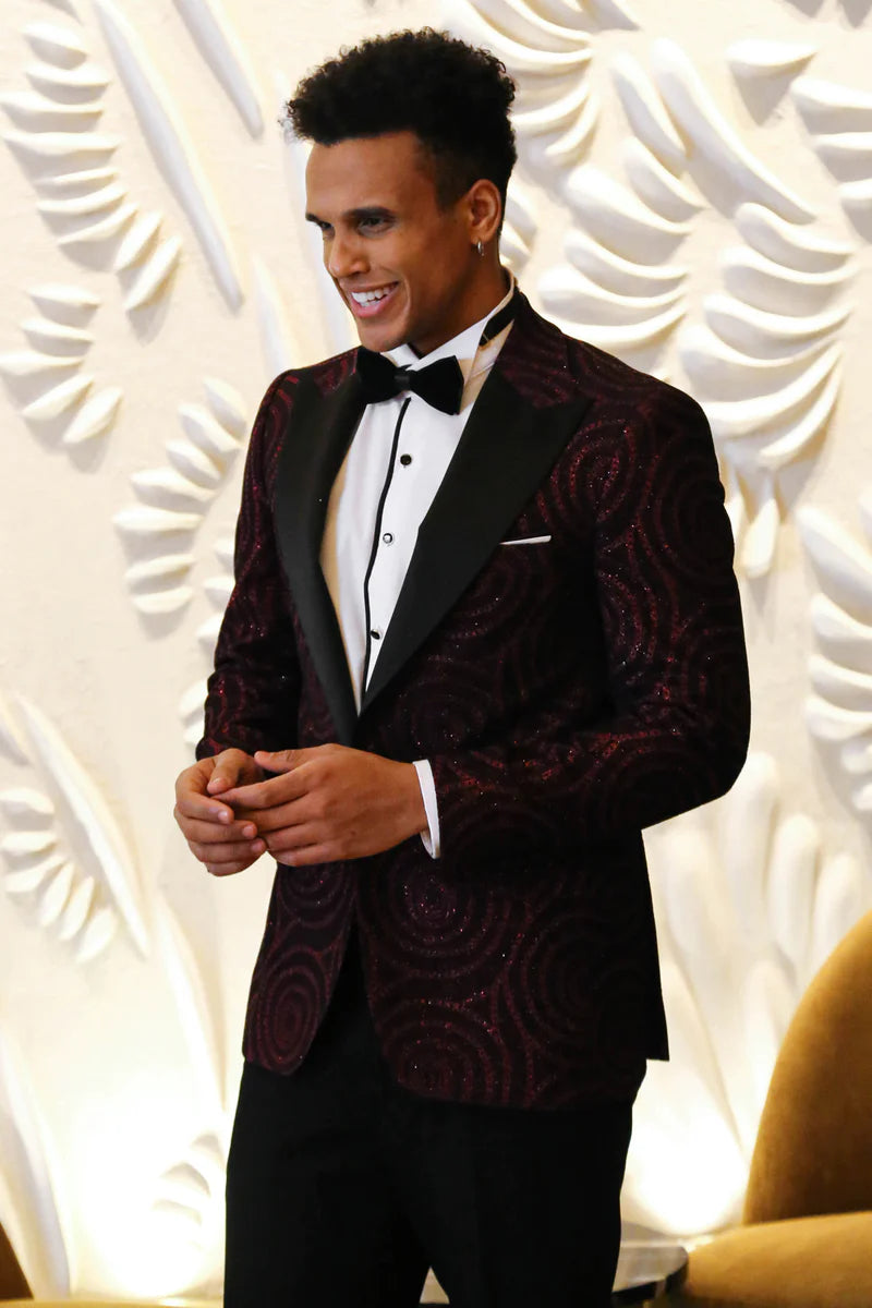 Hypnose Pattern Peak Lapel Slim Fit Burgundy Men Prom Blazer, perfect for proms and other formal events, available exclusively at KCT Menswear.