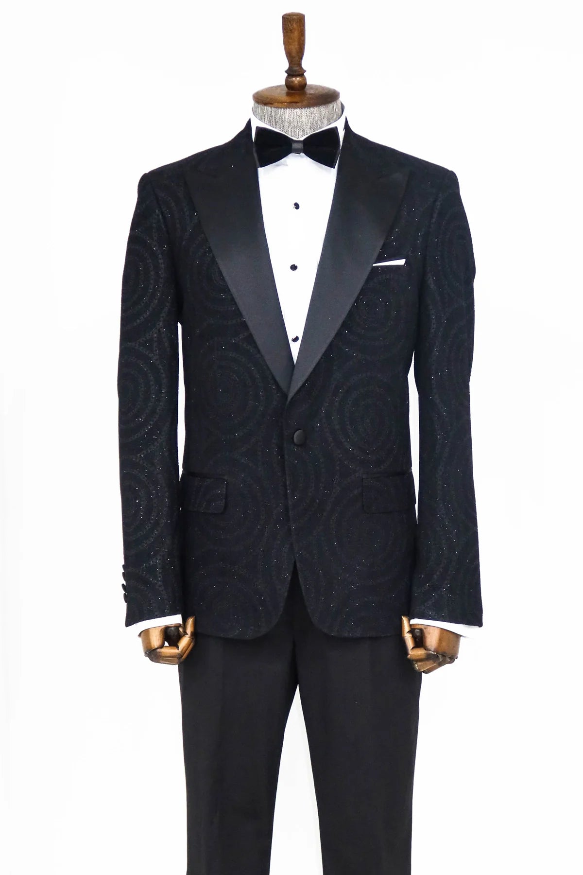 Hypnose Pattern Peak Lapel Slim Fit Black Men Prom Blazer, perfect for proms and other formal events, available exclusively at KCT Menswear.