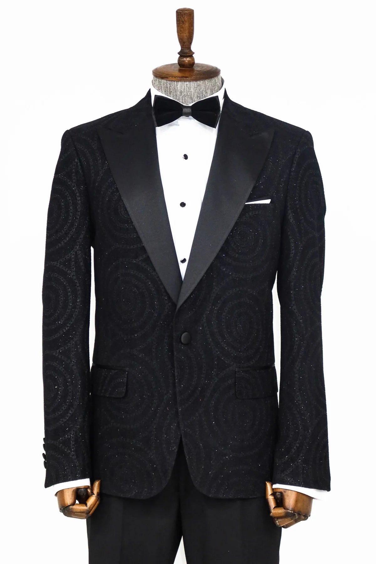 Hypnose Pattern Peak Lapel Slim Fit Black Men Prom Blazer, perfect for proms and other formal events, available exclusively at KCT Menswear.