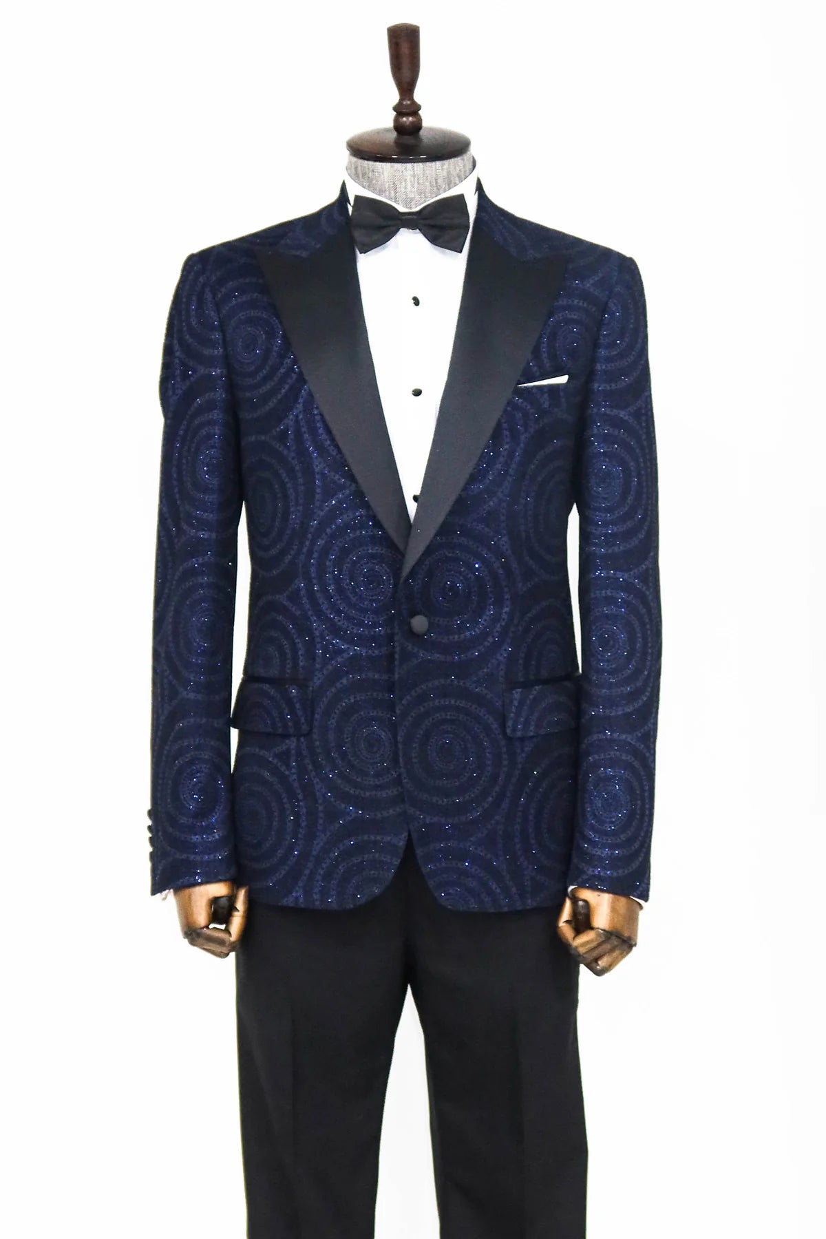 Hypnose Pattern Peak Lapel Slim Fit Navy Men Prom Blazer, perfect for proms and other formal events, available exclusively at KCT Menswear.