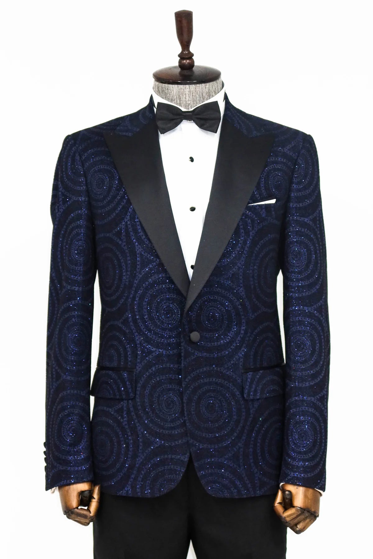 Hypnose Pattern Peak Lapel Slim Fit Navy Men Prom Blazer, perfect for proms and other formal events, available exclusively at KCT Menswear.