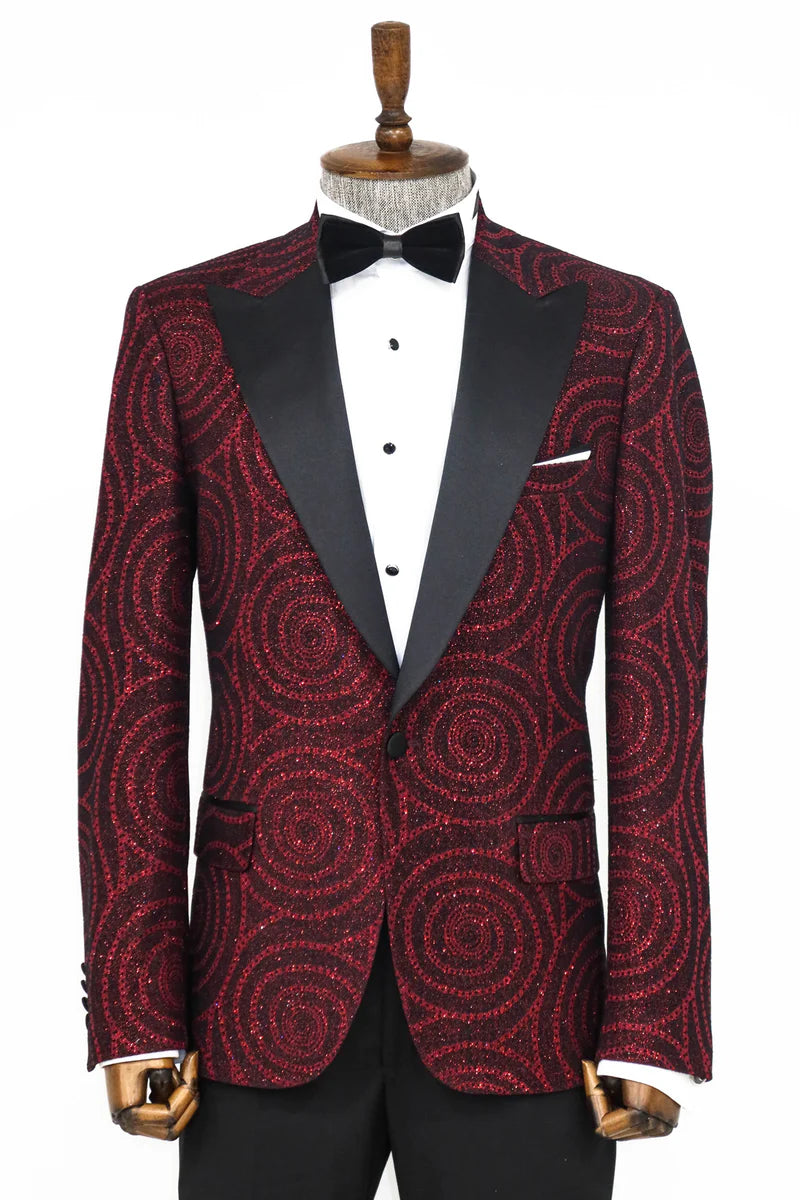 Hypnose Pattern Peak Lapel Slim Fit Burgundy Men Prom Blazer, perfect for proms and other formal events, available exclusively at KCT Menswear.