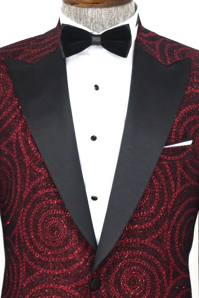 Hypnose Pattern Peak Lapel Slim Fit Burgundy Men Prom Blazer, perfect for proms and other formal events, available exclusively at KCT Menswear.