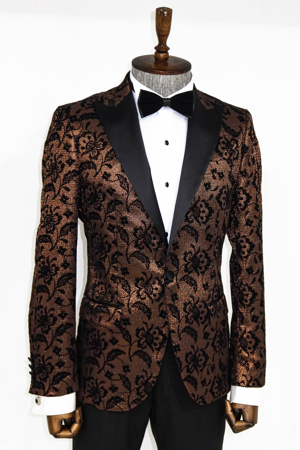 KCT Menswear - Men's Rose Brown Sparkle Prom Blazer with Black Floral Design