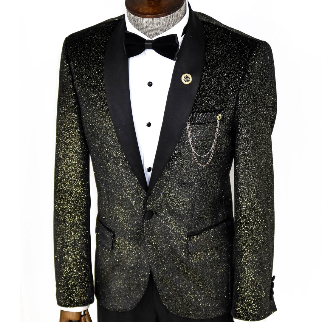 KCT Menswear - Velvet Black Glitter Gold Blazer with Shawl Lapel 