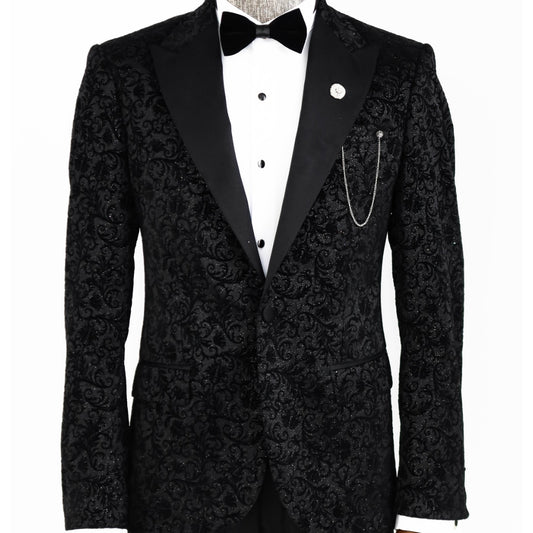 KCT Menswear Floral Sparkle Black Prom Blazer on hanger with floral sparkle black pattern