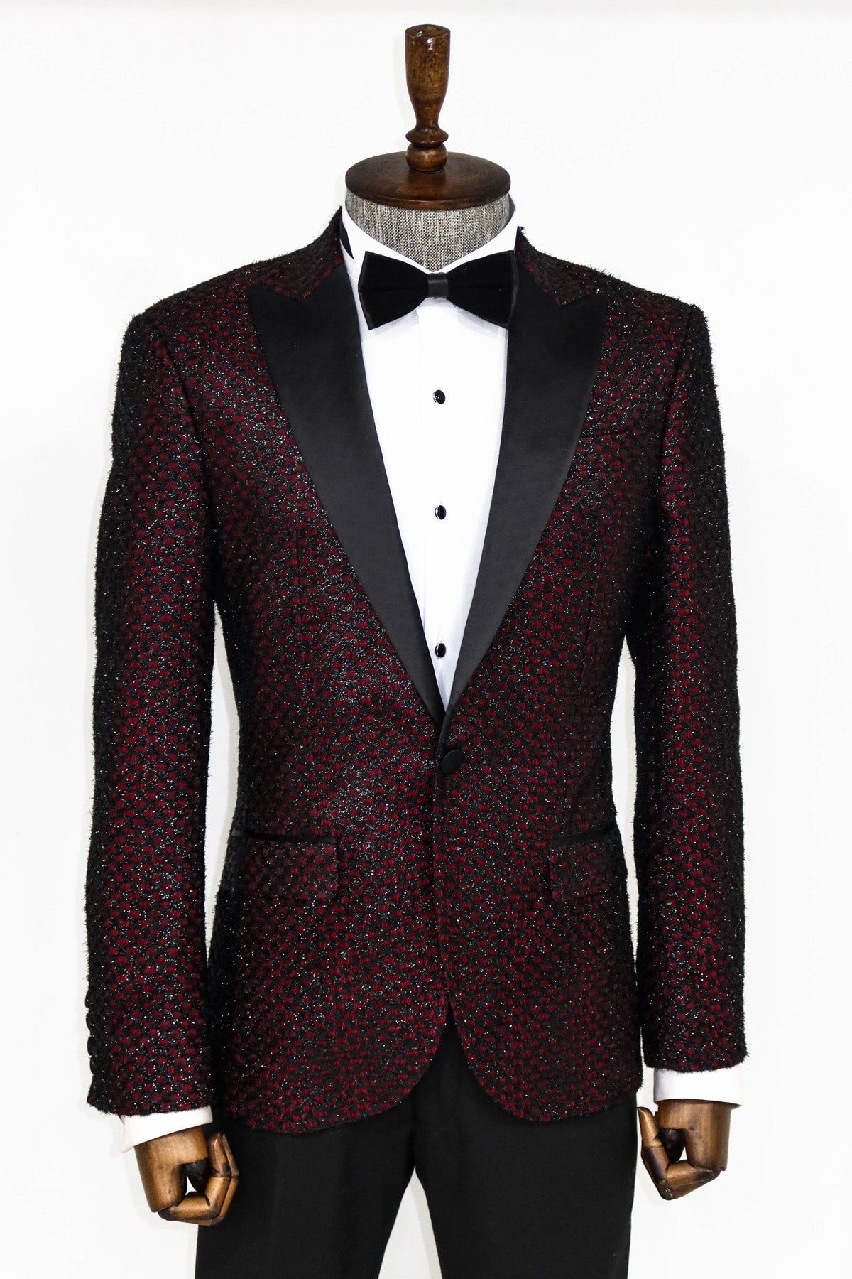 Burgundy Gingham Pattern Sparkle Prom Blazer from KCT Menswear