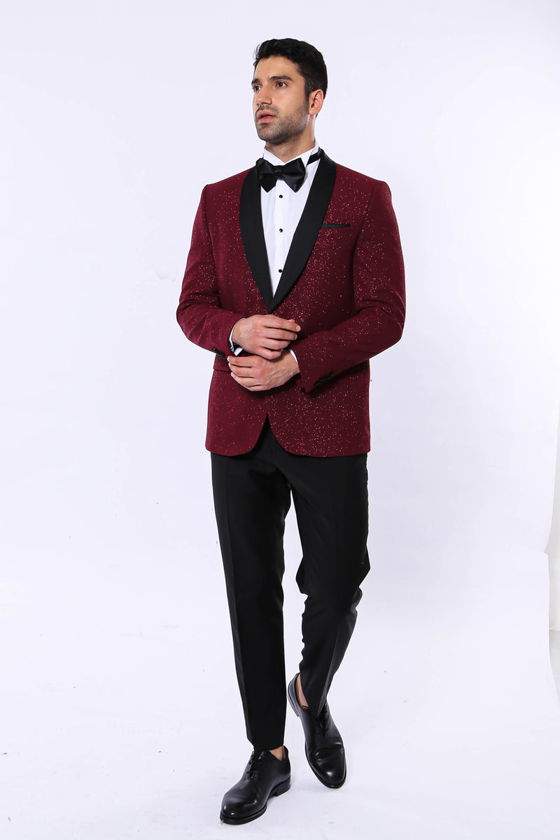 KCT Menswear - Men's Burgundy Sparkle Prom Blazer with Peak Black Satin Lapel