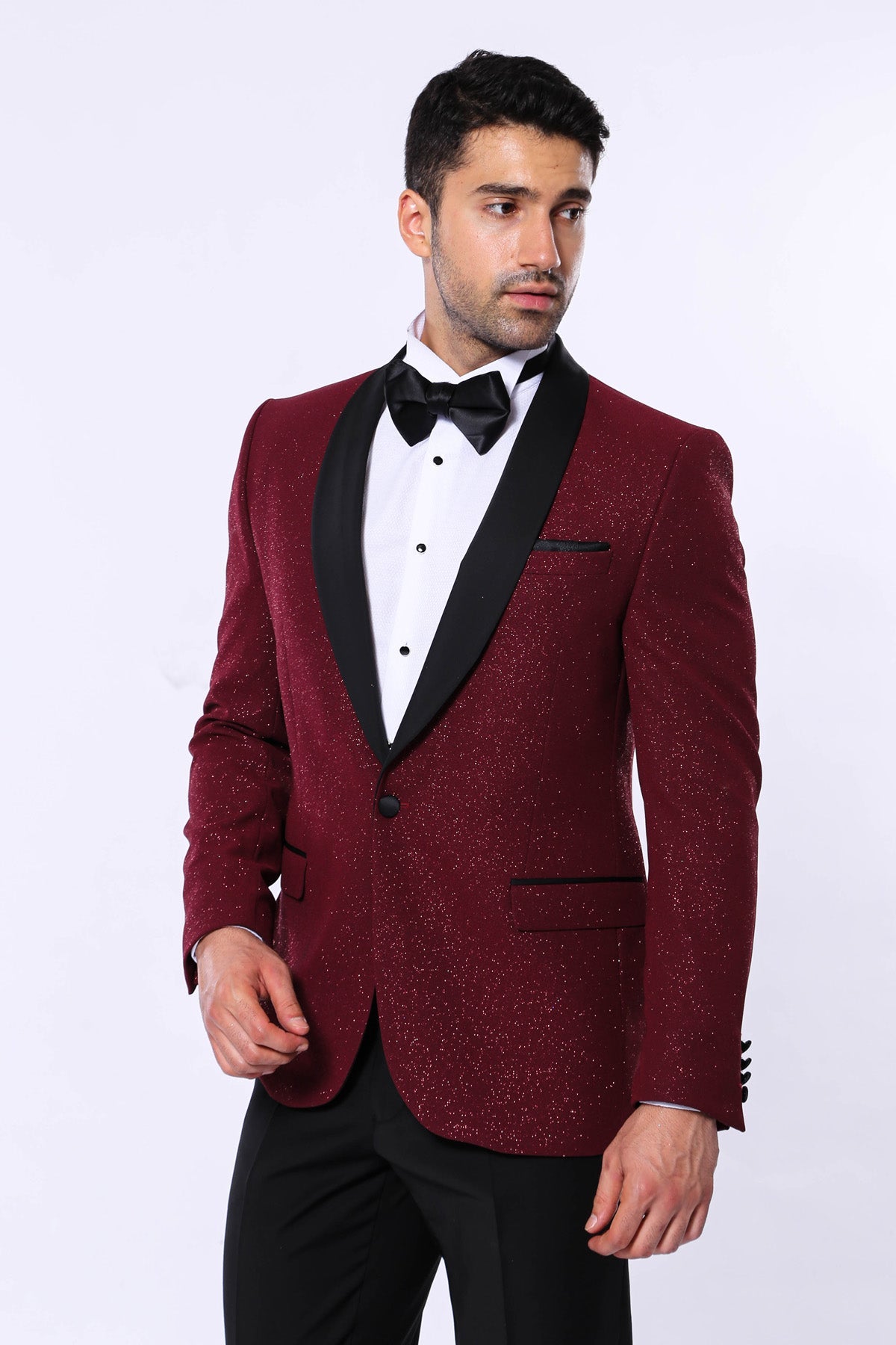 KCT Menswear - Men's Burgundy Sparkle Prom Blazer with Peak Black Satin Lapel