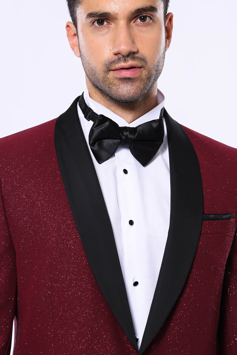 KCT Menswear - Men's Burgundy Sparkle Prom Blazer with Peak Black Satin Lapel