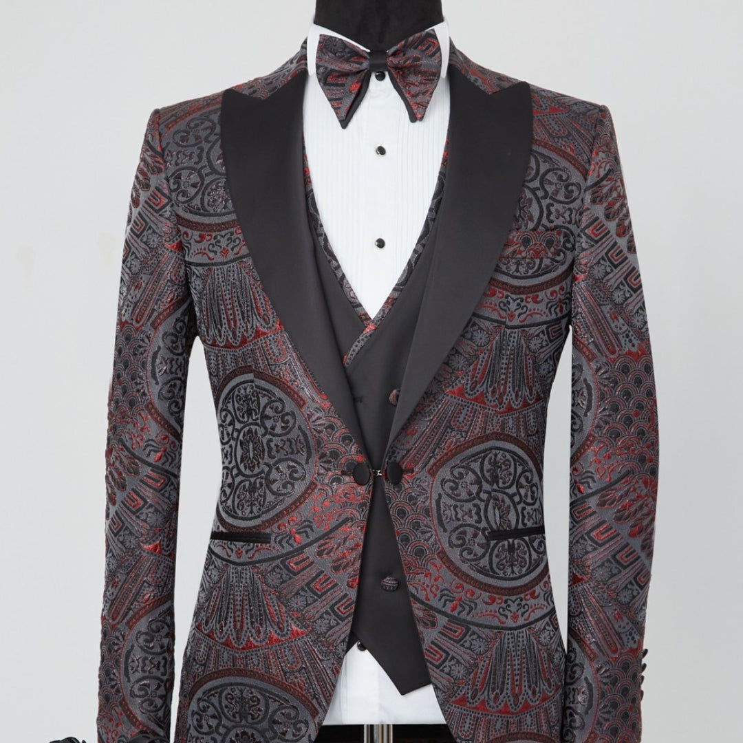 Burgundy & Black Patterned Vested Slim Fit