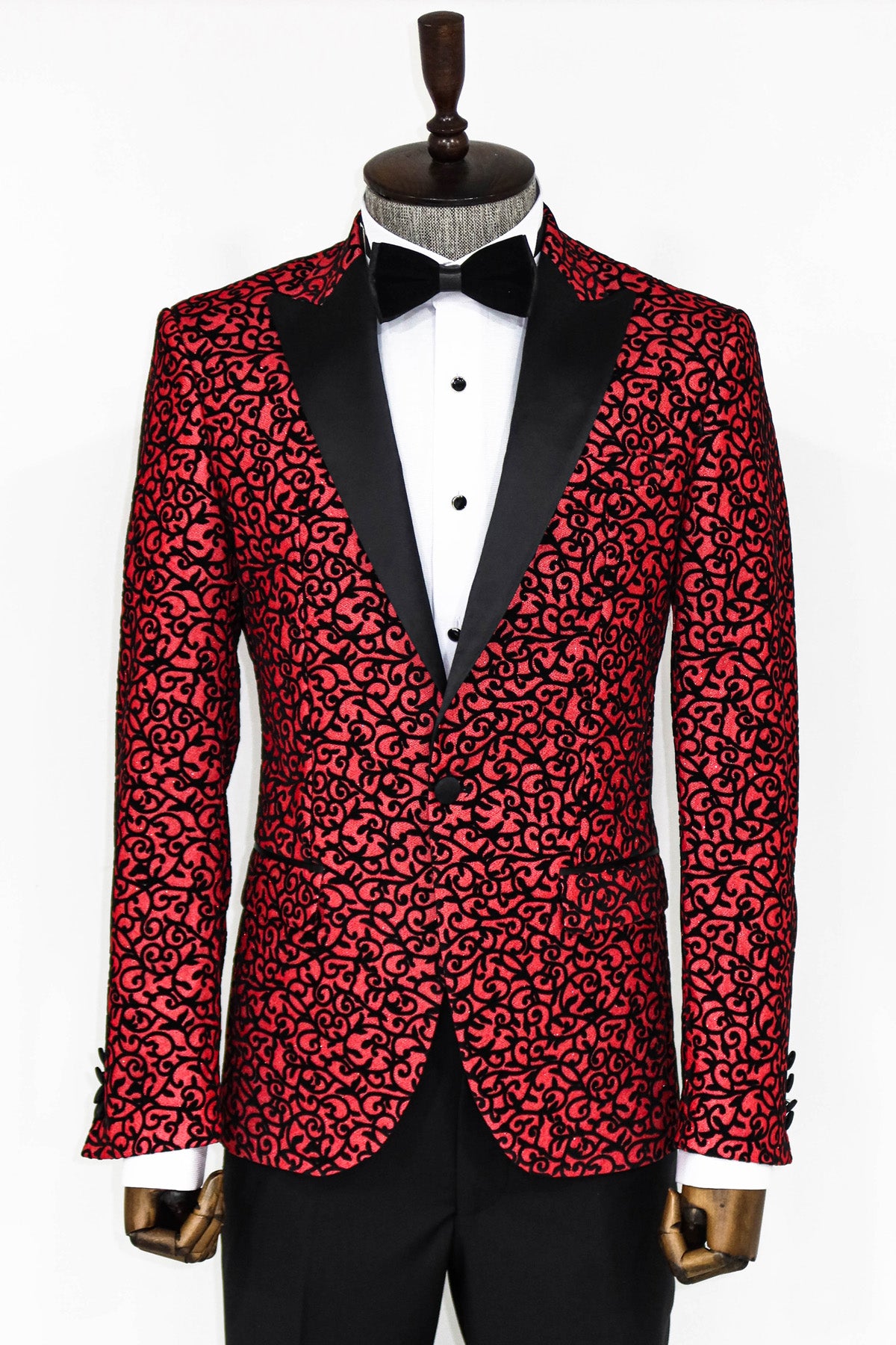 Red Sparkle Black Pattern Prom Blazer, tailored slim fit design, perfect for prom and formal events, available at KCT Menswear with free shipping