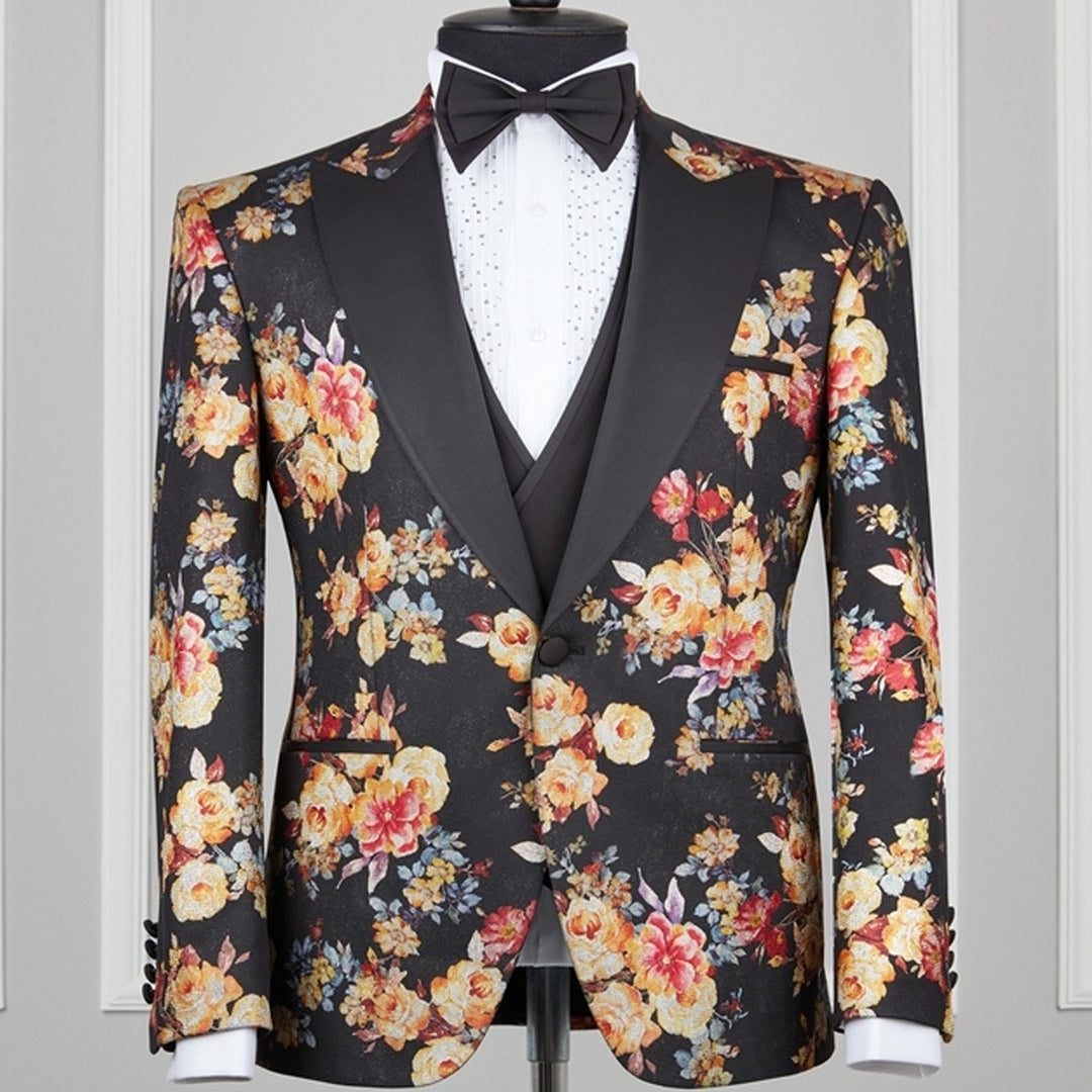 Flower Patterned Black Slim Tuxedo