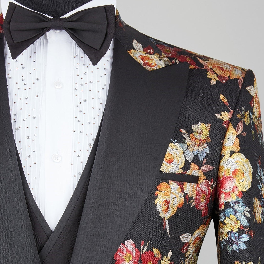 Flower Patterned Black Slim Tuxedo