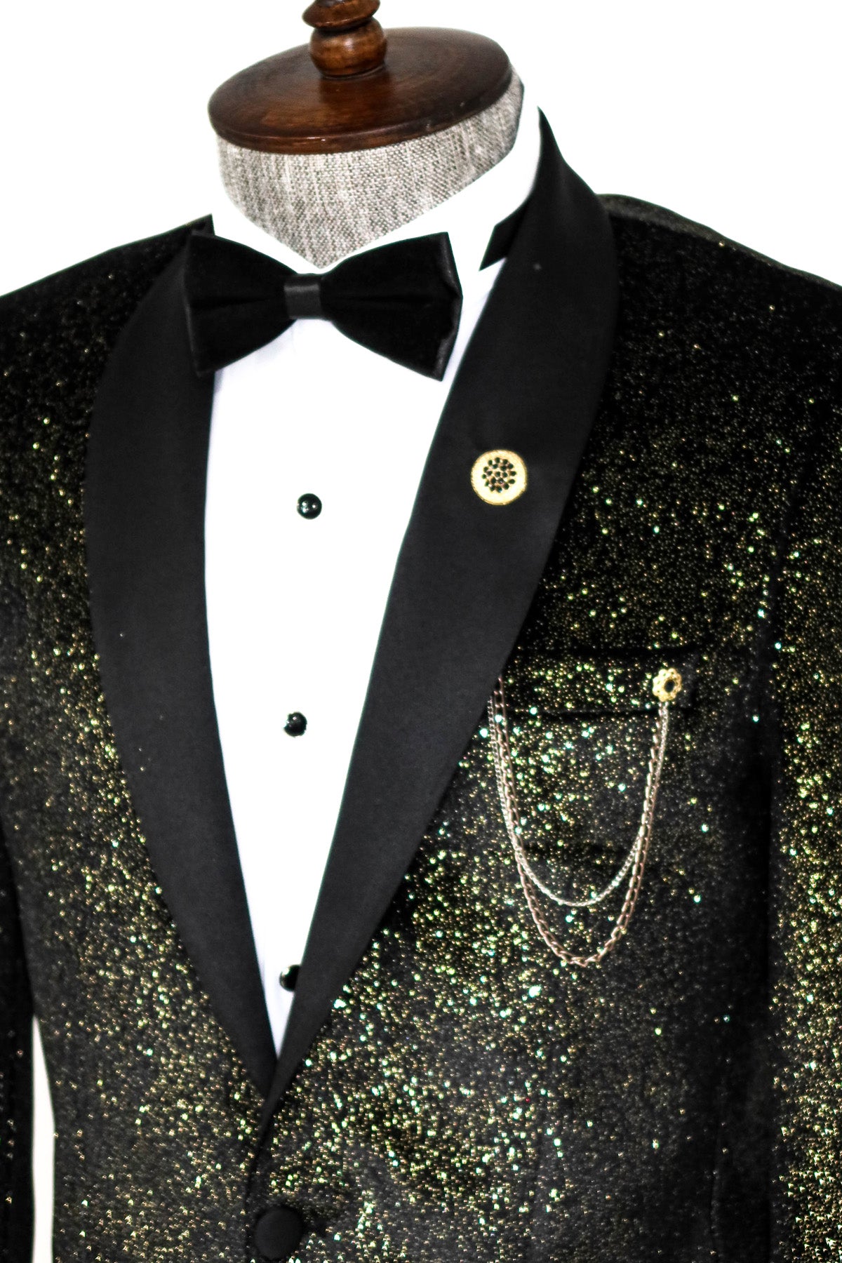 KCT Menswear - Velvet Black Glitter Gold Blazer with Shawl Lapel 