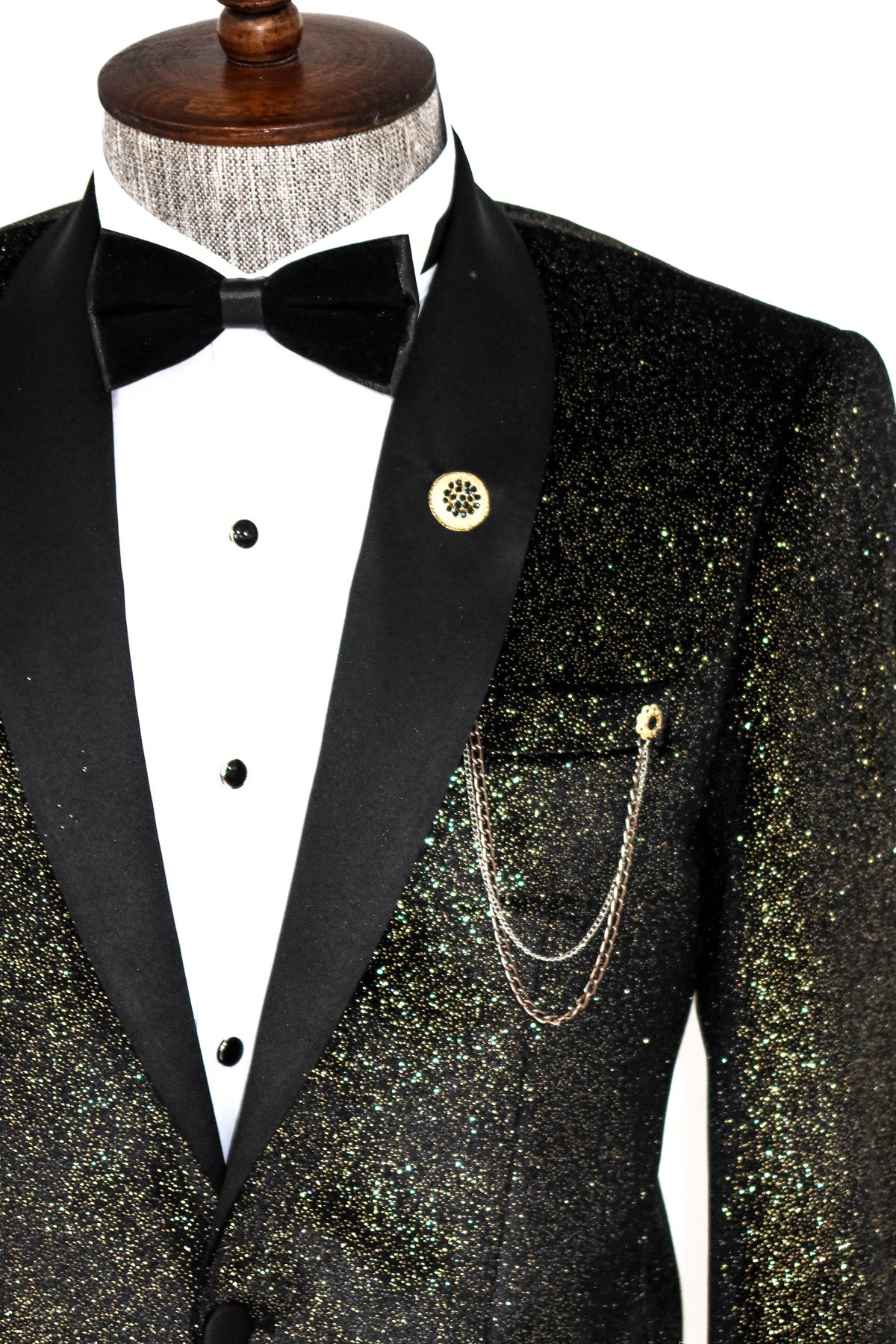 KCT Menswear - Velvet Black Glitter Gold Blazer with Shawl Lapel 