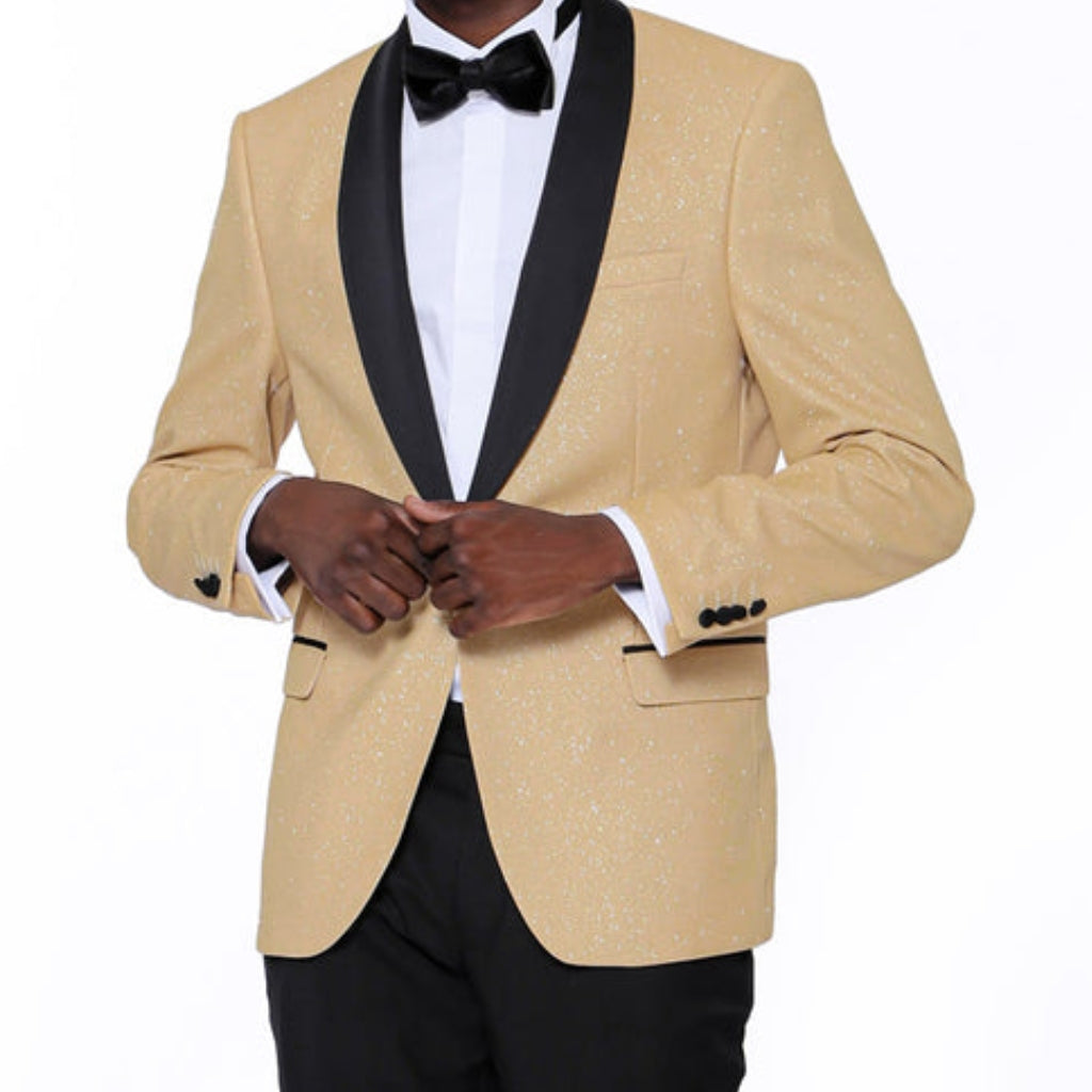 KCT Menswear - Men's Gold Sparkle Prom Blazer with Peak Black Satin Lapel 