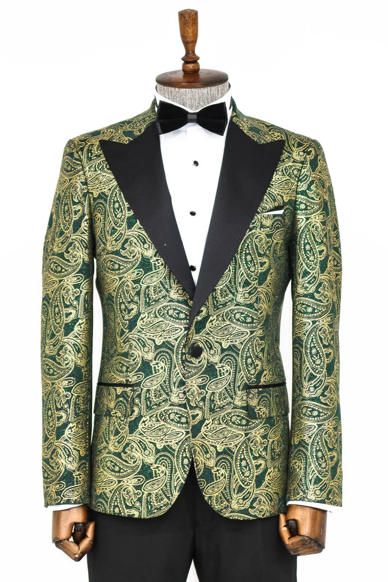 Golden Paisley Green Prom Blazer with Peak Lapel, perfect for proms and other formal events, available exclusively at KCT Menswear.