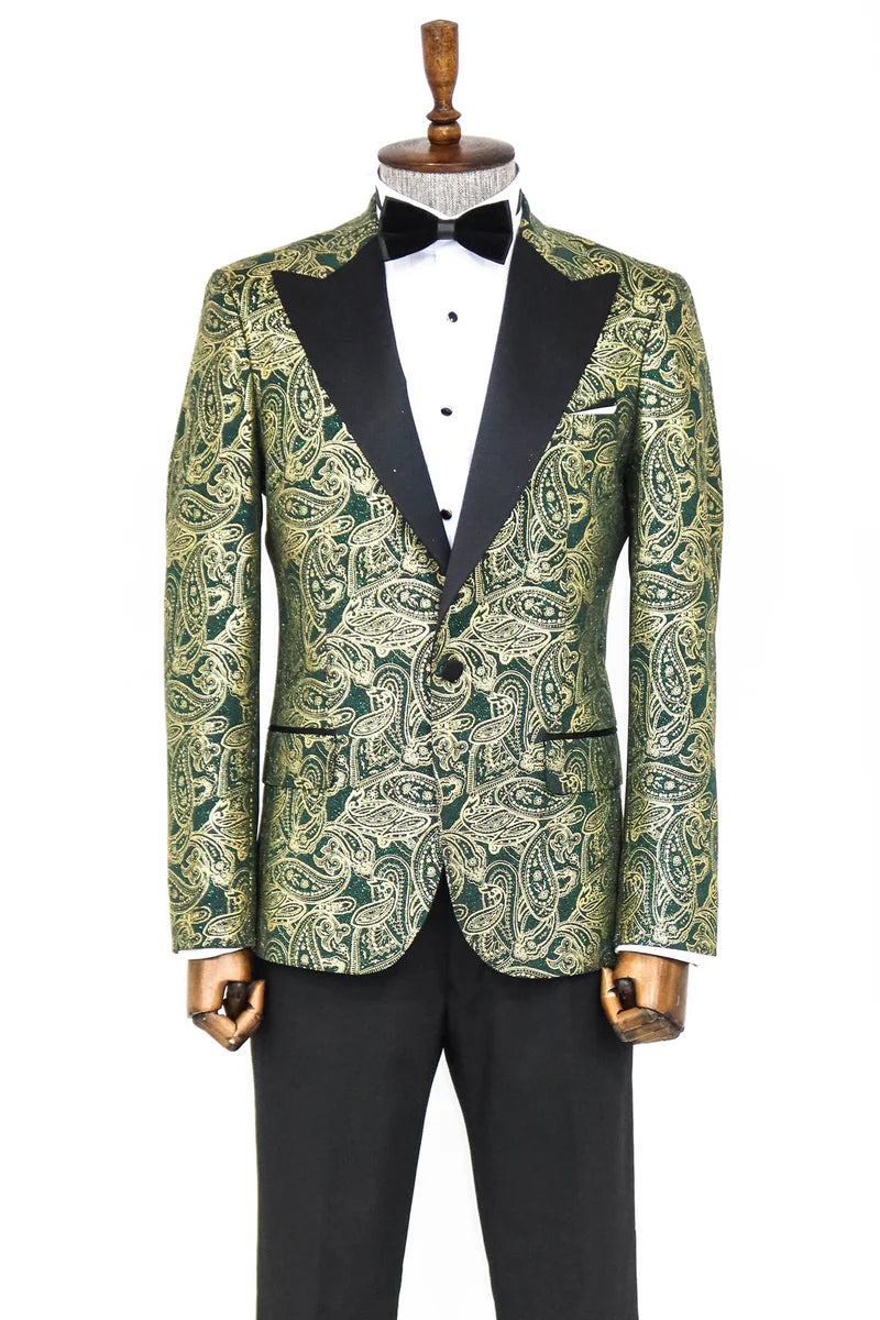 Golden Paisley Green Prom Blazer with Peak Lapel, perfect for proms and other formal events, available exclusively at KCT Menswear.