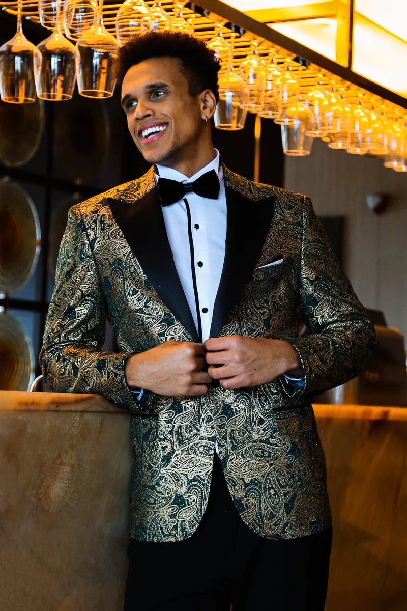 Golden Paisley Green Prom Blazer with Peak Lapel, perfect for proms and other formal events, available exclusively at KCT Menswear.