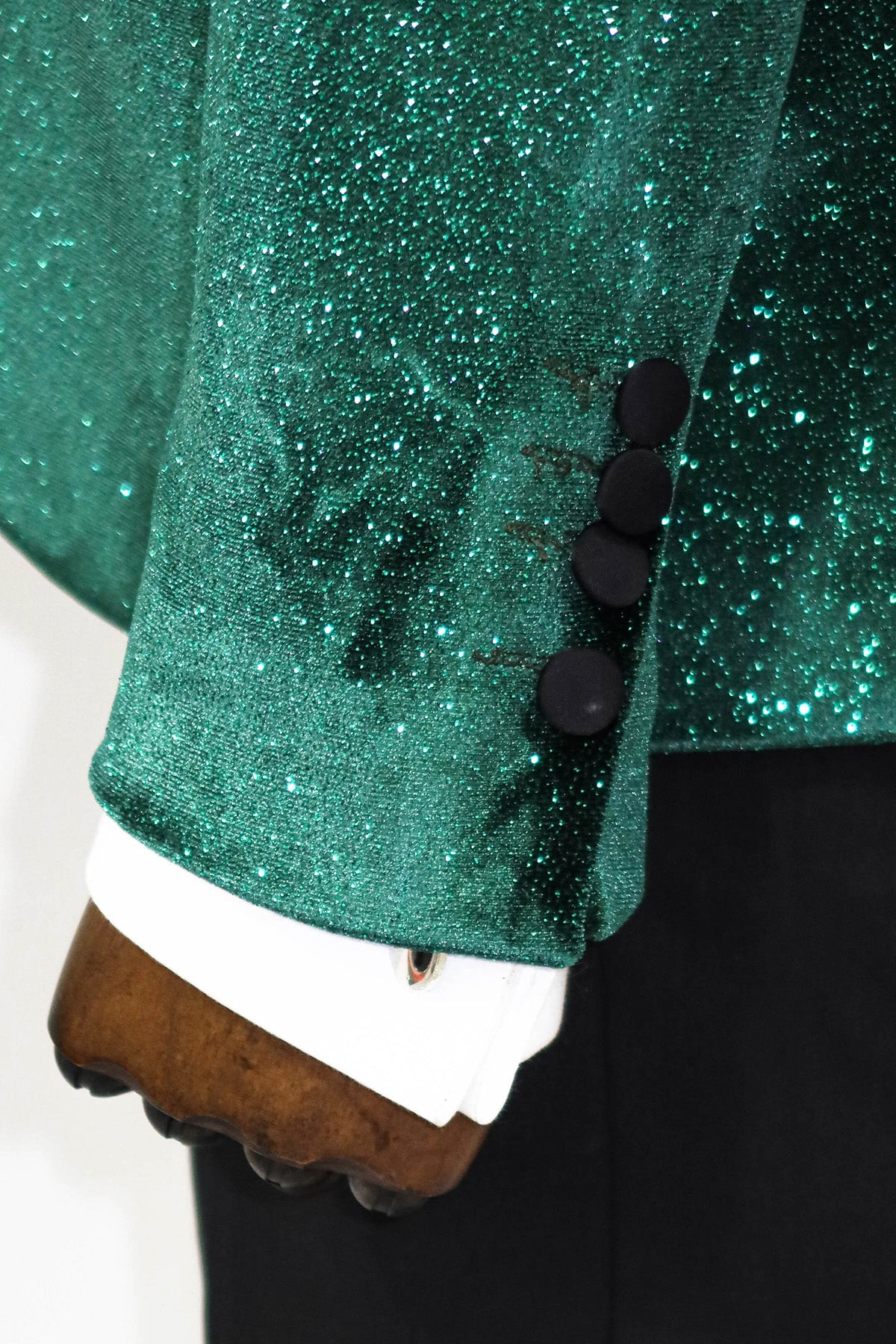 KCT Menswear - Men's Velvet Emerald Green Shiny Silver Sparkle Prom Blazer with Peak Black Satin Lapel - Luxurious and Stylish for Prom and Formal events