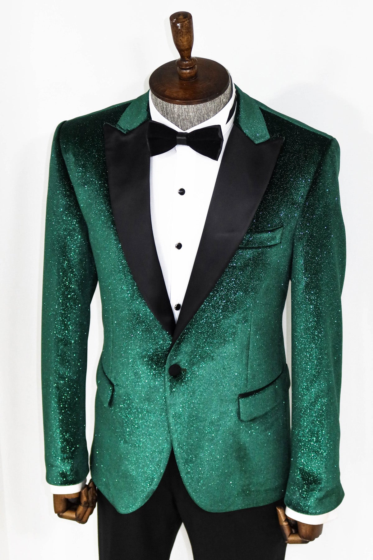 KCT Menswear - Men's Velvet Emerald Green Shiny Silver Sparkle Prom Blazer with Peak Black Satin Lapel - Luxurious and Stylish for Prom and Formal events