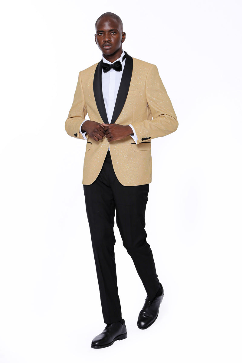 KCT Menswear - Men's Gold Sparkle Prom Blazer with Peak Black Satin Lapel 