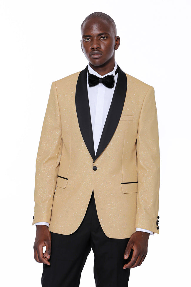 KCT Menswear - Men's Gold Sparkle Prom Blazer with Peak Black Satin Lapel 