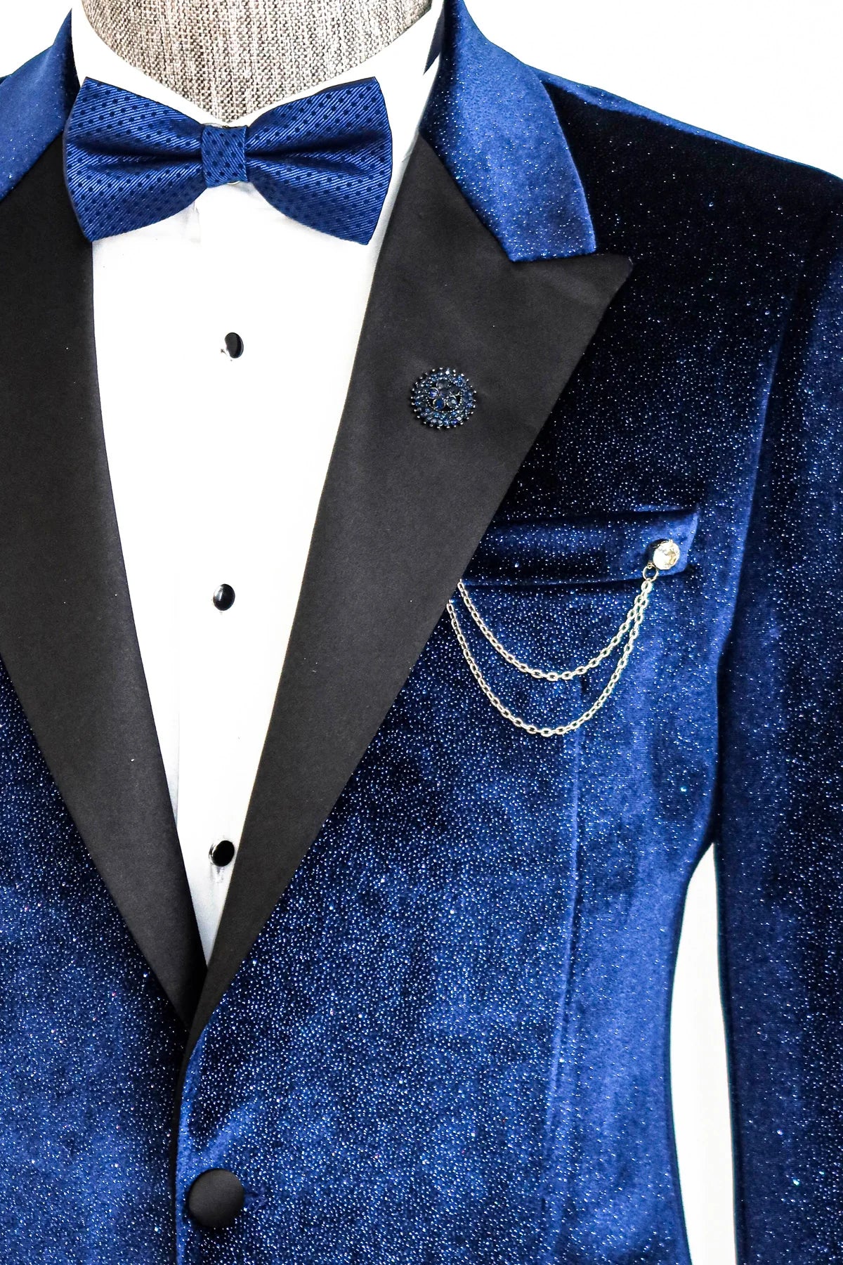 Glitter Midnight Velvet Prom Blazer with Black Satin Lapel on Model