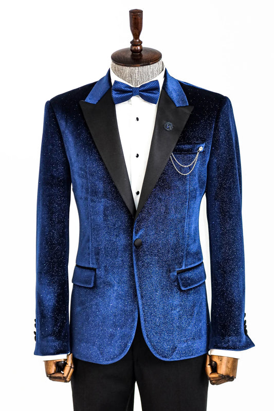 Glitter Midnight Velvet Prom Blazer with Black Satin Lapel on Model