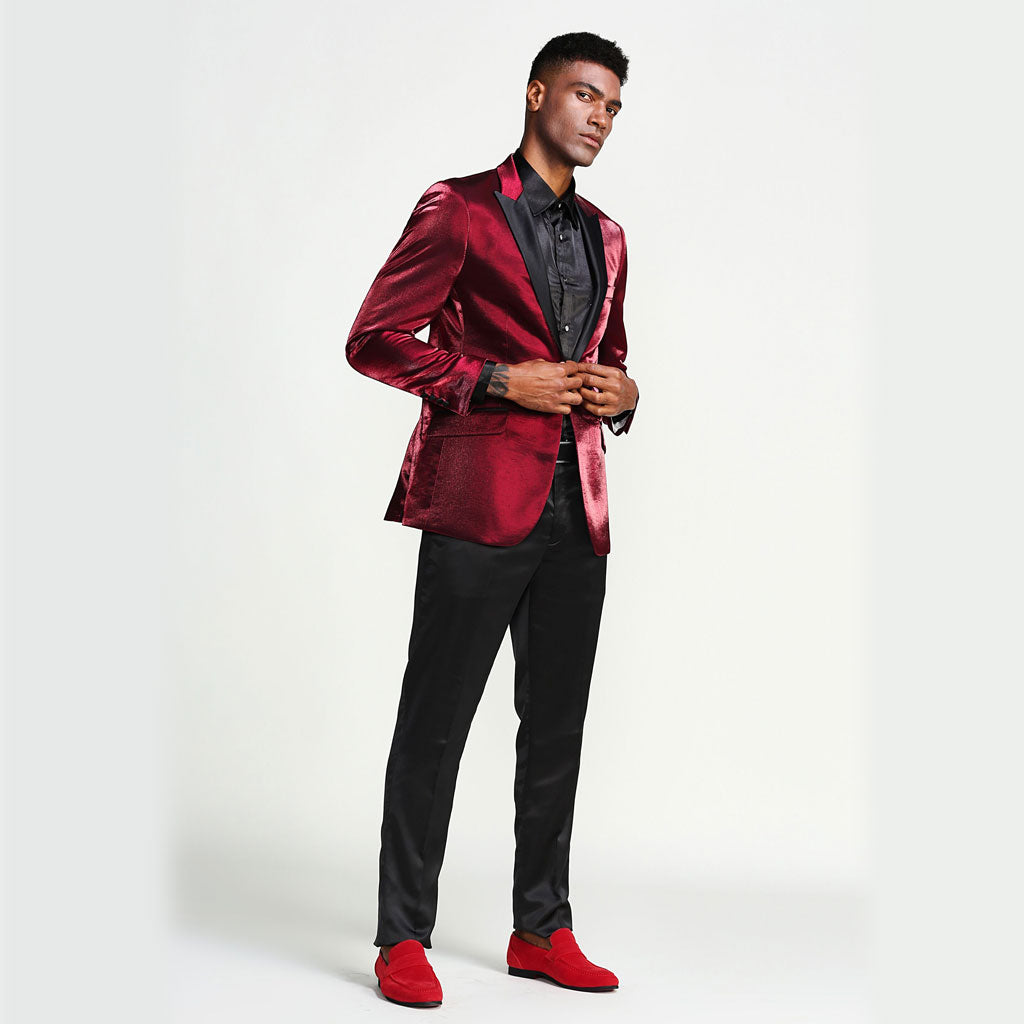 Burgundy Prom Tuxedo Jacket -  Shiny Slim With Black Lapel