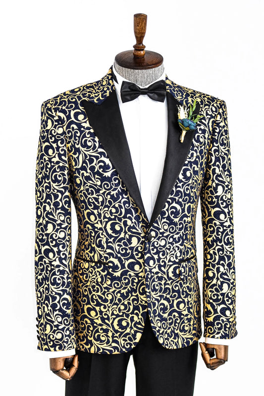 Navy Prom Blazer with Black Satin Notch Lapel and Golden Pattern, perfect for proms and other formal events, available exclusively at KCT Menswear.