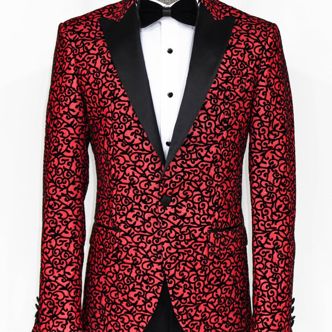 Red Sparkle Black Pattern Prom Blazer, tailored slim fit design, perfect for prom and formal events, available at KCT Menswear with free shipping